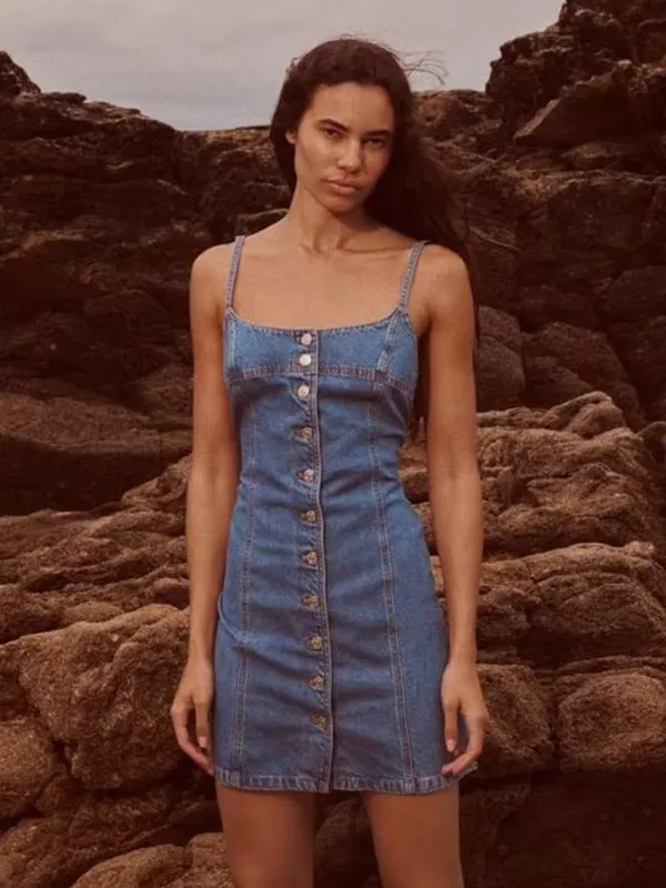 New Fashion Straight Slim Suspenders Breasted Denim Dress with Buttons