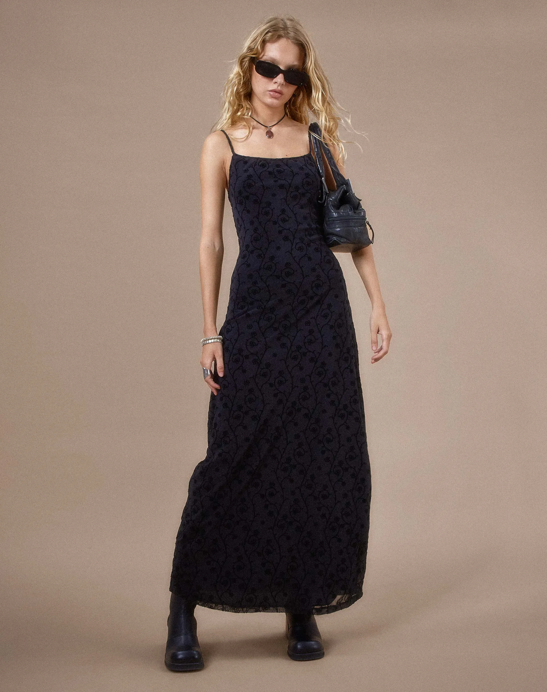 Nodu Maxi Dress in Black Dainty Floral Flock