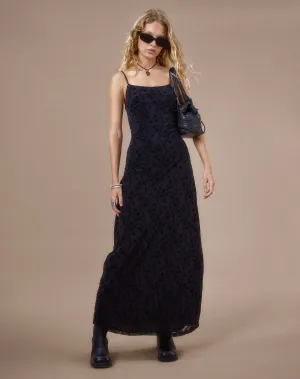 Nodu Maxi Dress in Black Dainty Floral Flock