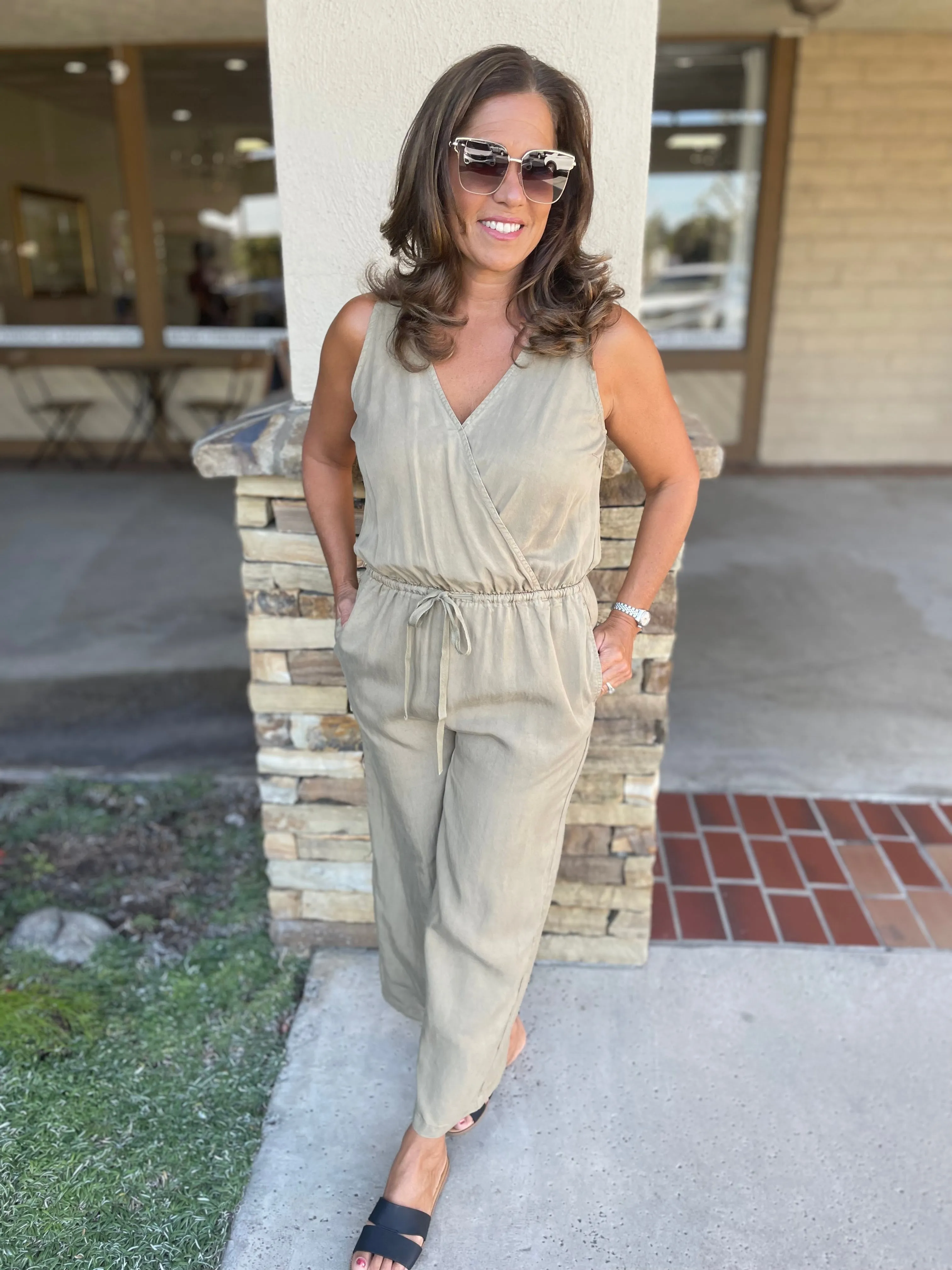 Olive Tencel Tank Jumper w/Drawstring Waist & Pockets