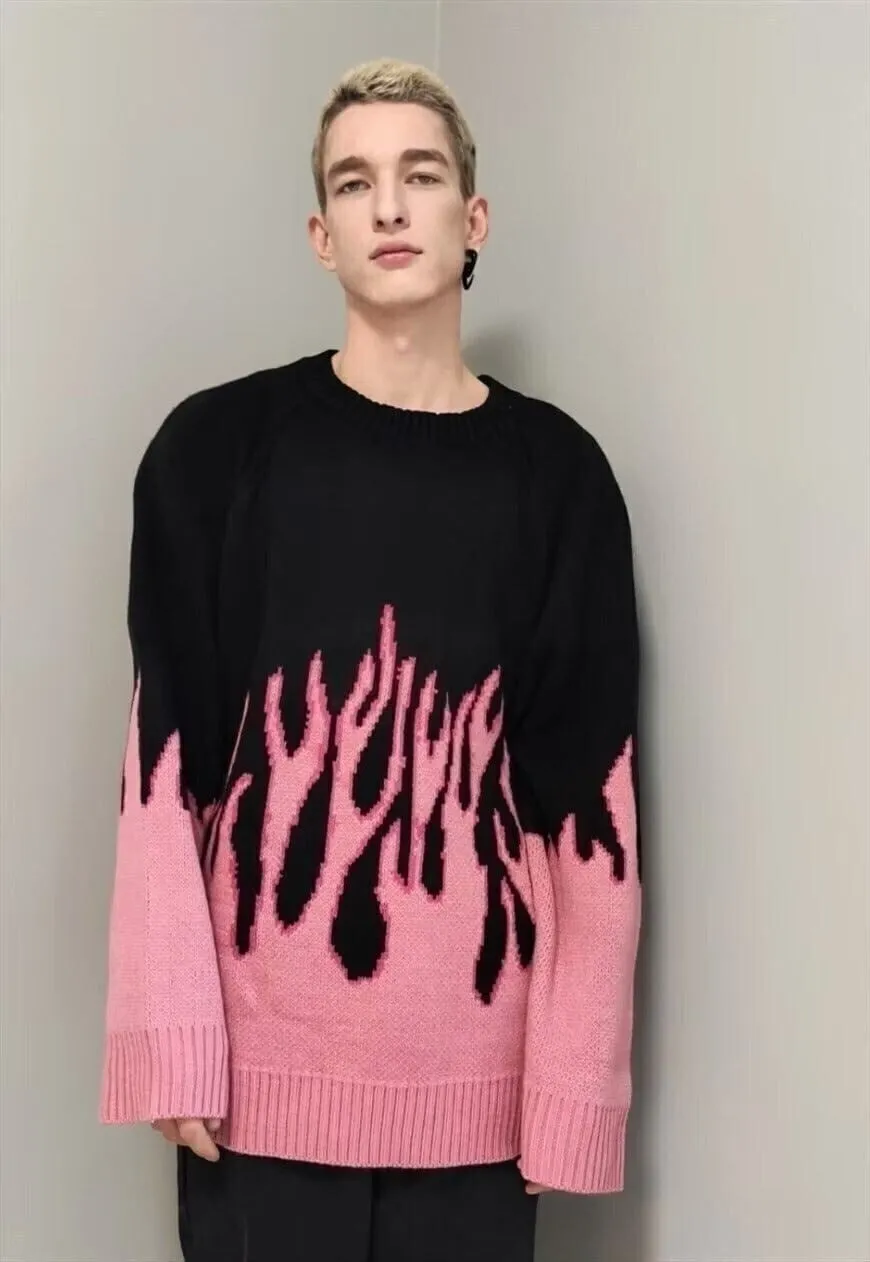 Oversized flame knitted sweater fire Korean jumper in pink