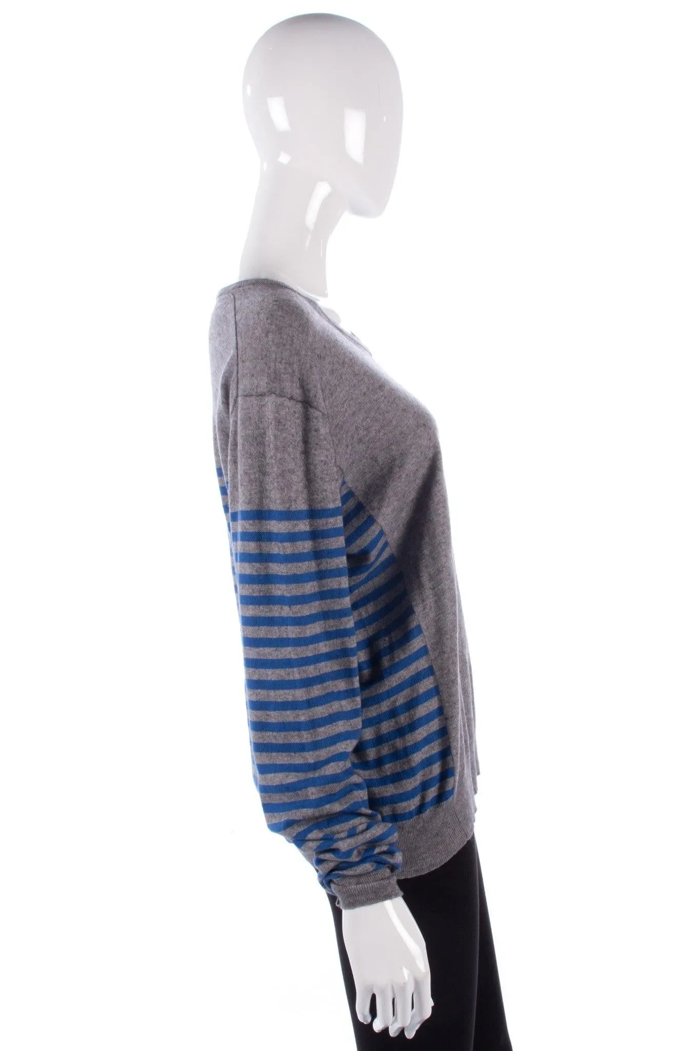 Paul Smith V neck Jumper. Grey with Blue Stripped Sleeves and Sides Size L