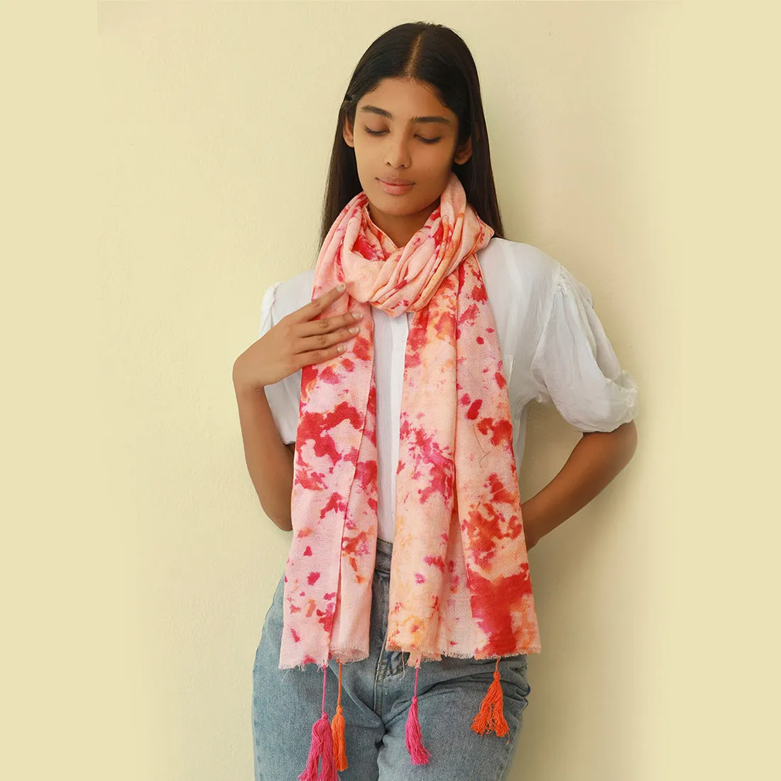 Pink & Orange Tie & Dye Modal Scarf with Fringes & Long Tassels