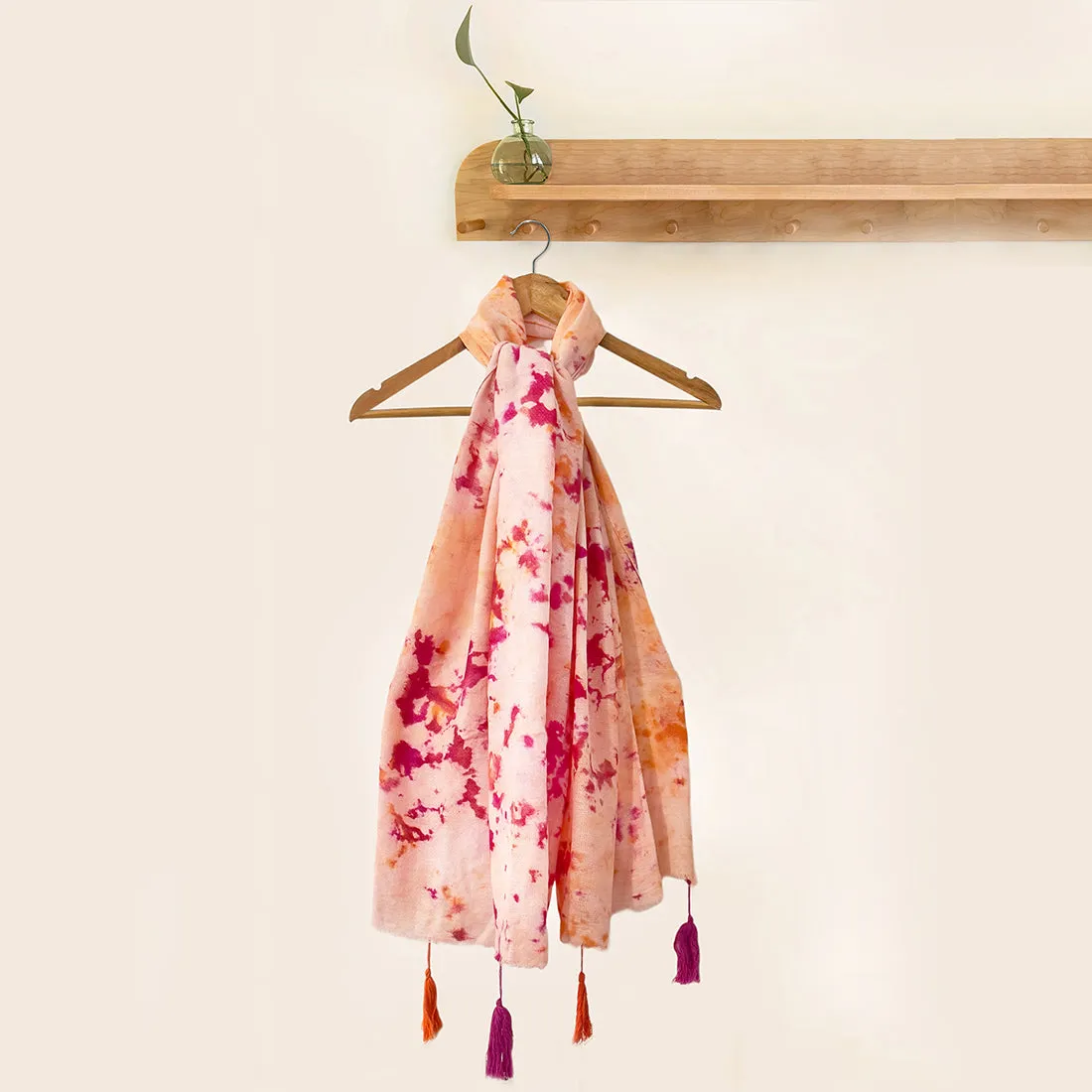 Pink & Orange Tie & Dye Modal Scarf with Fringes & Long Tassels