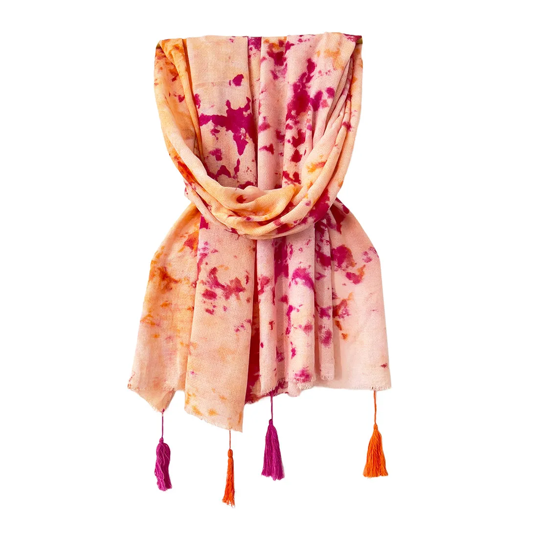 Pink & Orange Tie & Dye Modal Scarf with Fringes & Long Tassels