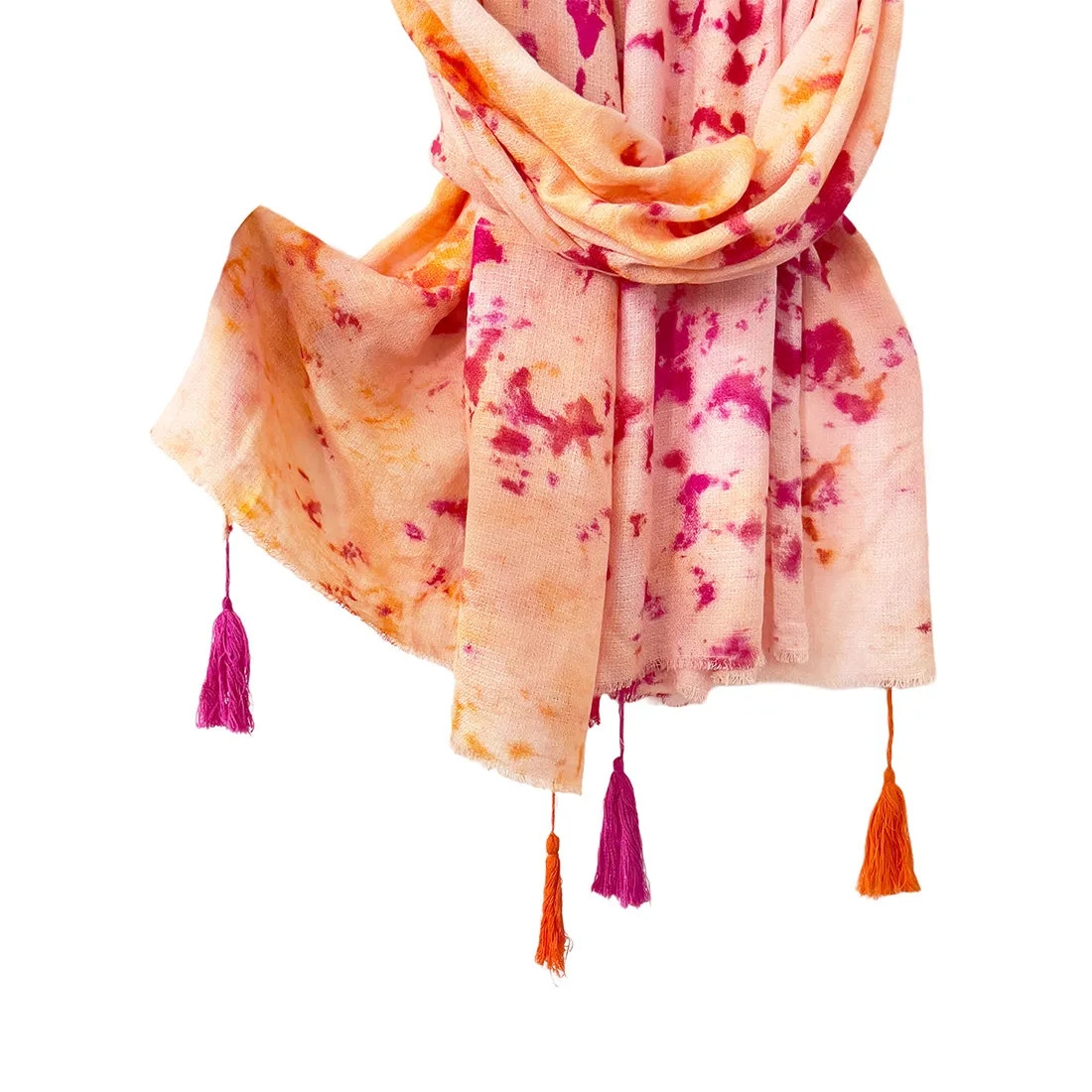 Pink & Orange Tie & Dye Modal Scarf with Fringes & Long Tassels