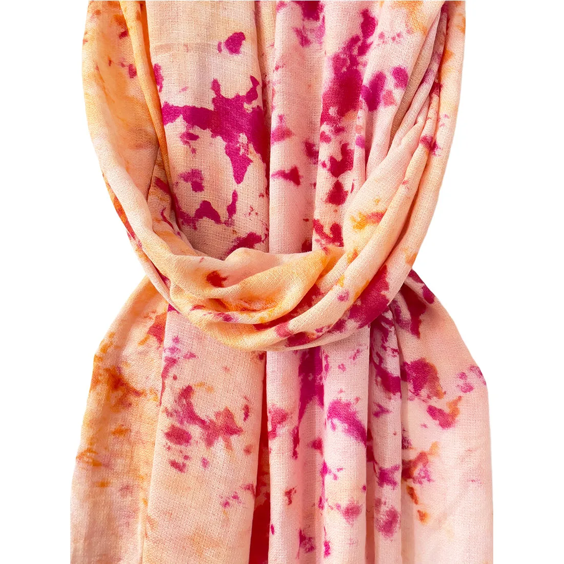 Pink & Orange Tie & Dye Modal Scarf with Fringes & Long Tassels