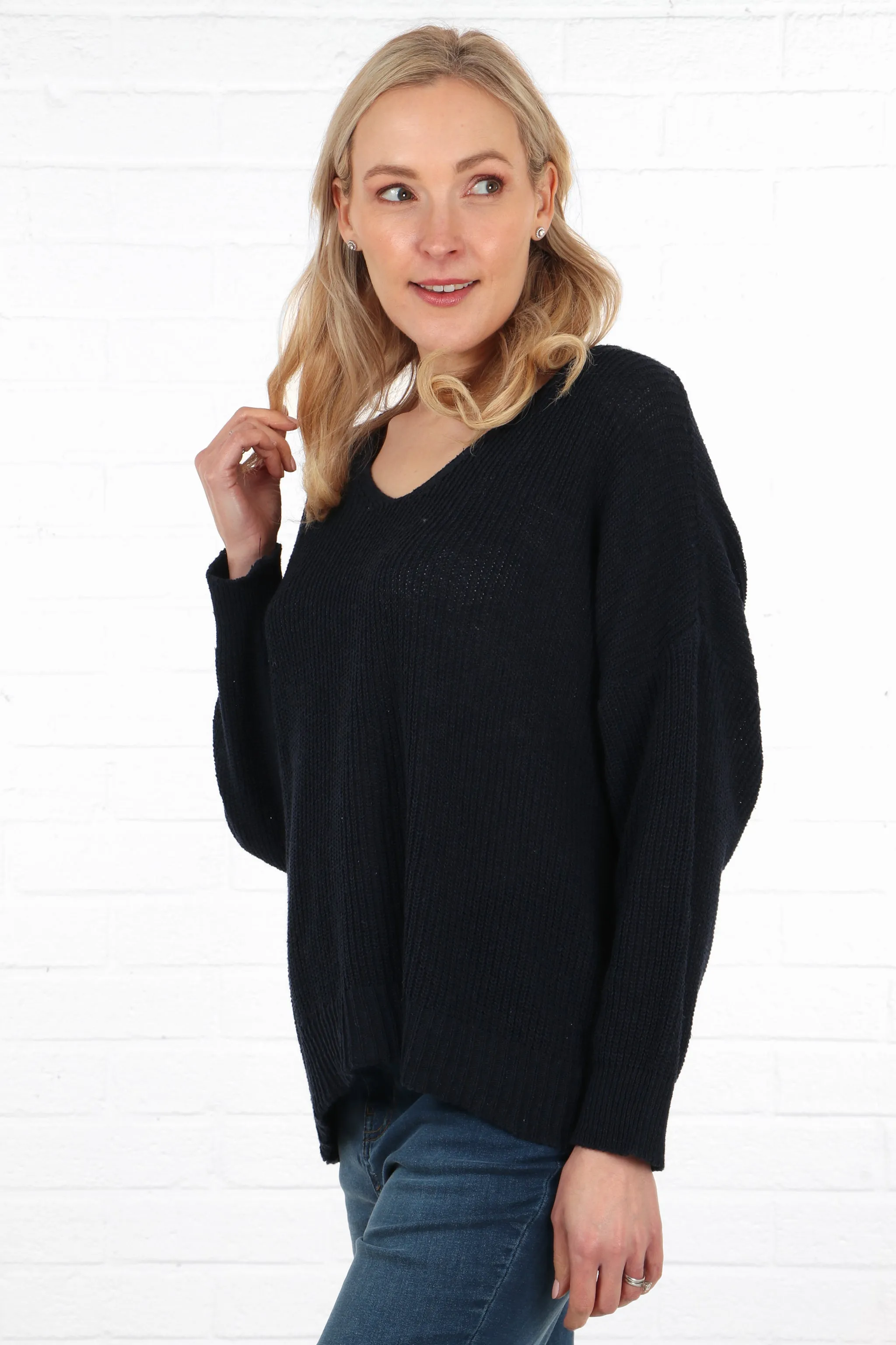 Plain V-Neck Knitted Cotton Jumper in Navy Blue