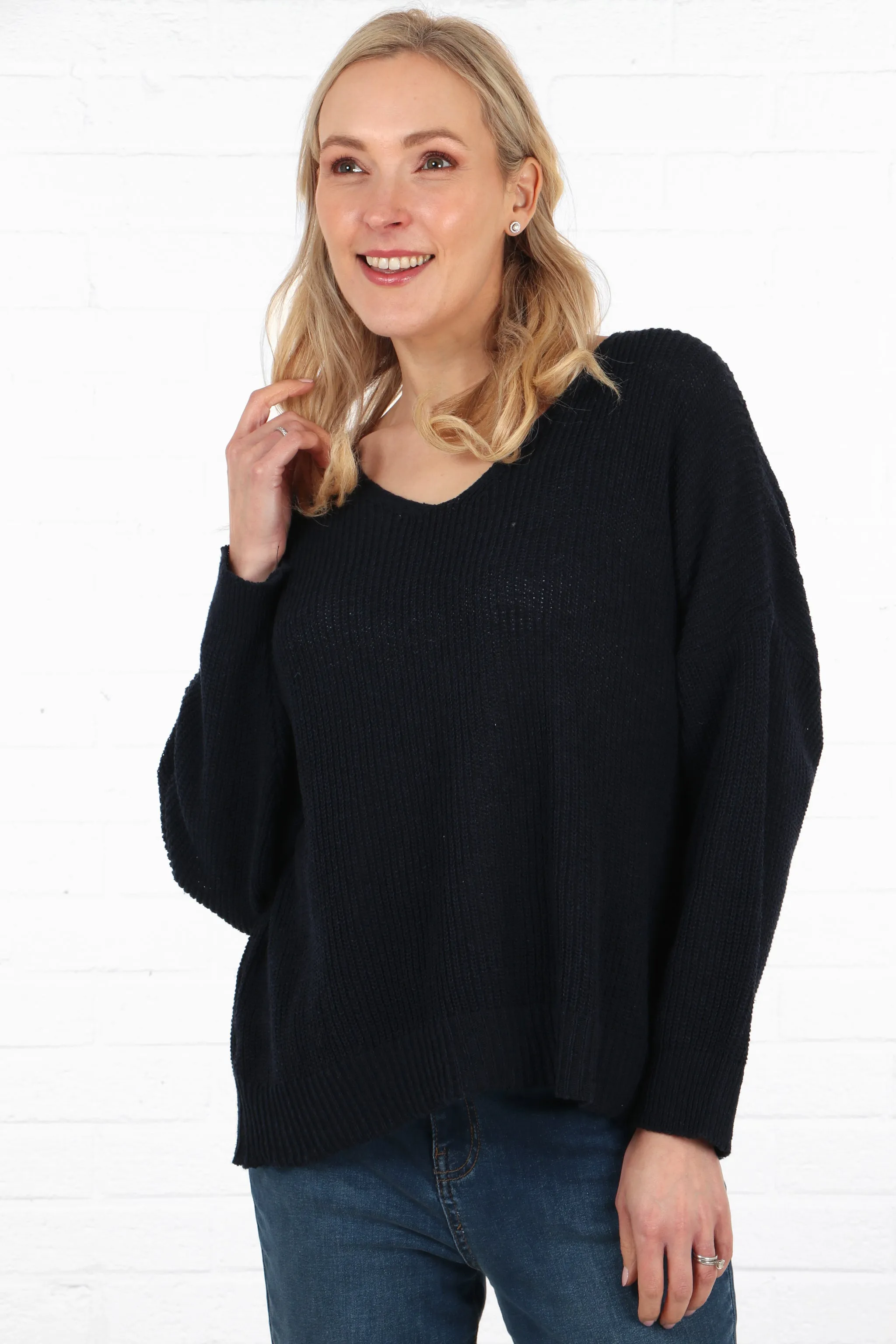 Plain V-Neck Knitted Cotton Jumper in Navy Blue