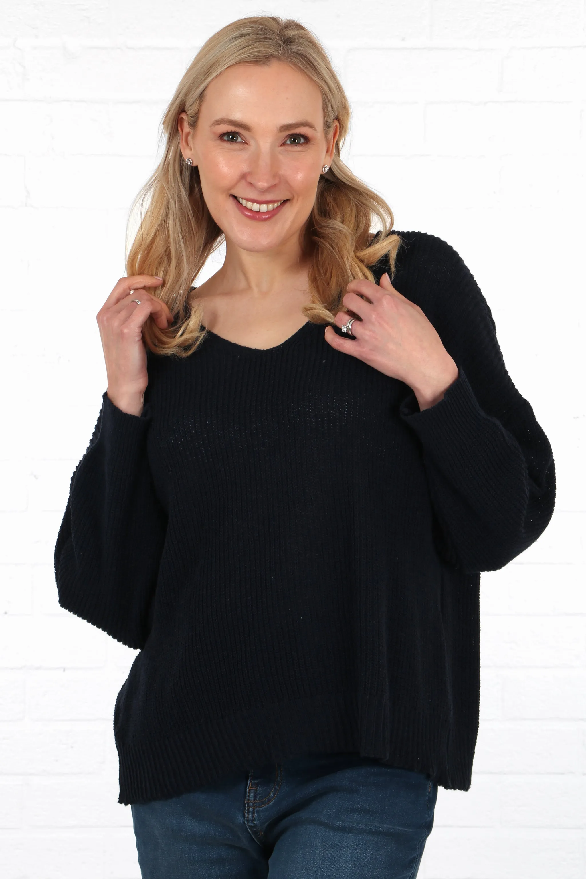 Plain V-Neck Knitted Cotton Jumper in Navy Blue