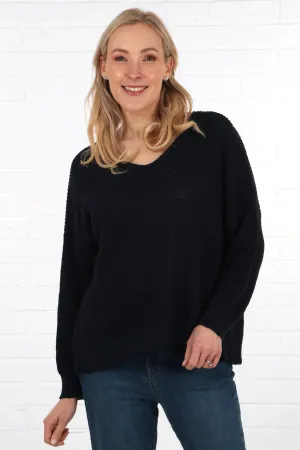 Plain V-Neck Knitted Cotton Jumper in Navy Blue