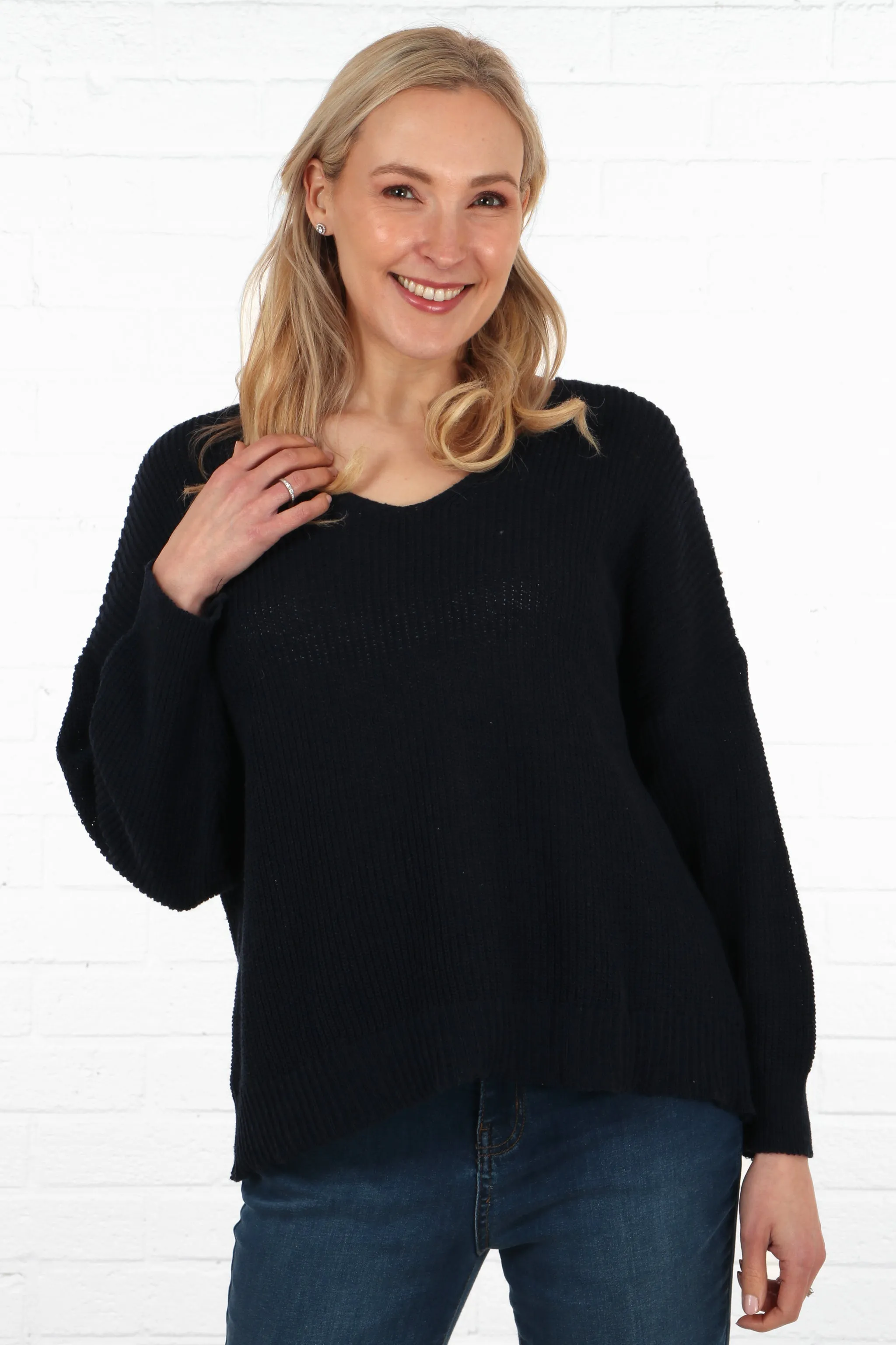 Plain V-Neck Knitted Cotton Jumper in Navy Blue