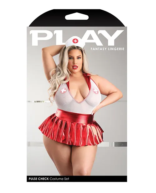 Play Pulse Check Collared Teddy W/open Back, Pleated Skirt, Medic Hat & Pasties Red/white