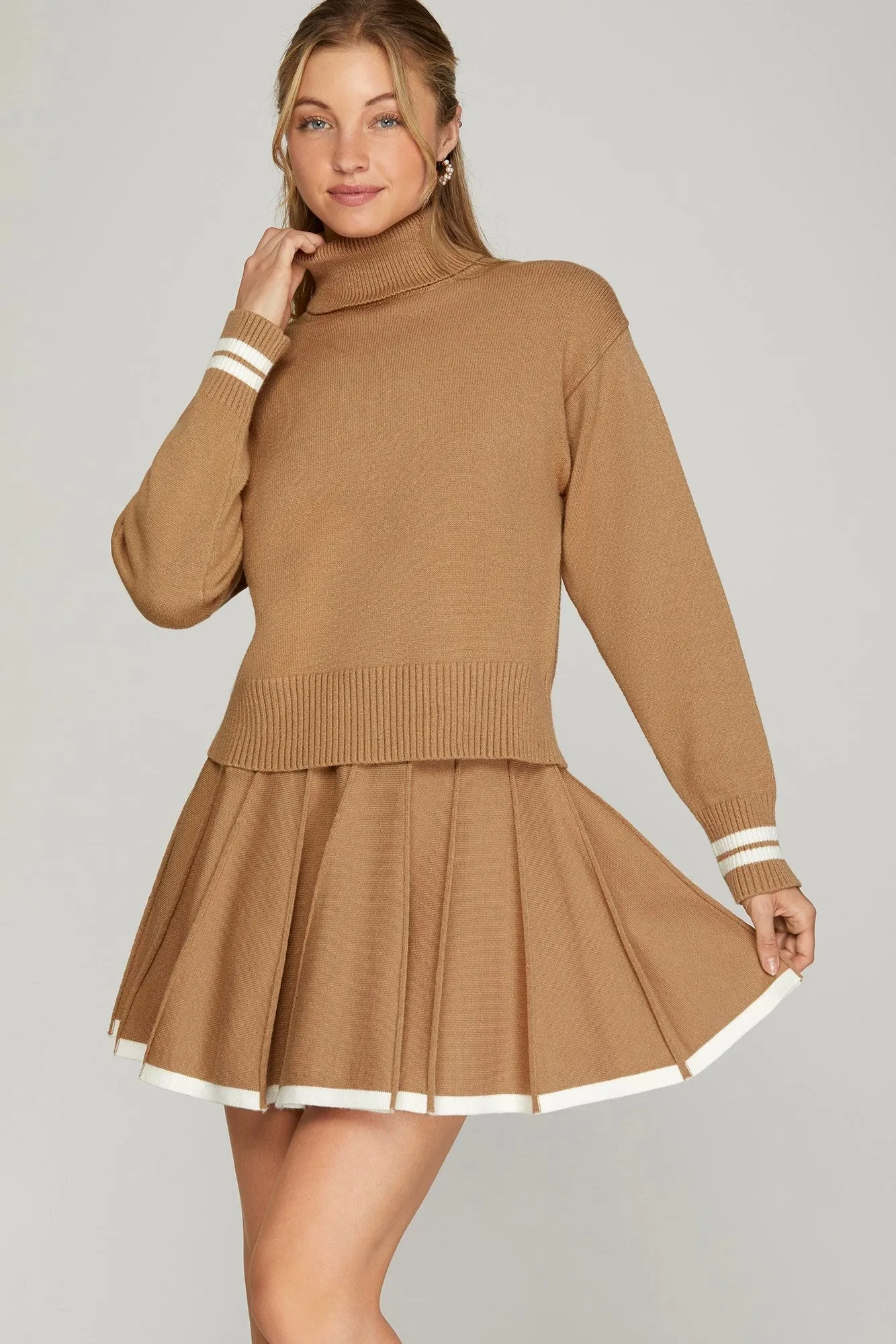 Pleated Knit Sweater Skirt - Camel