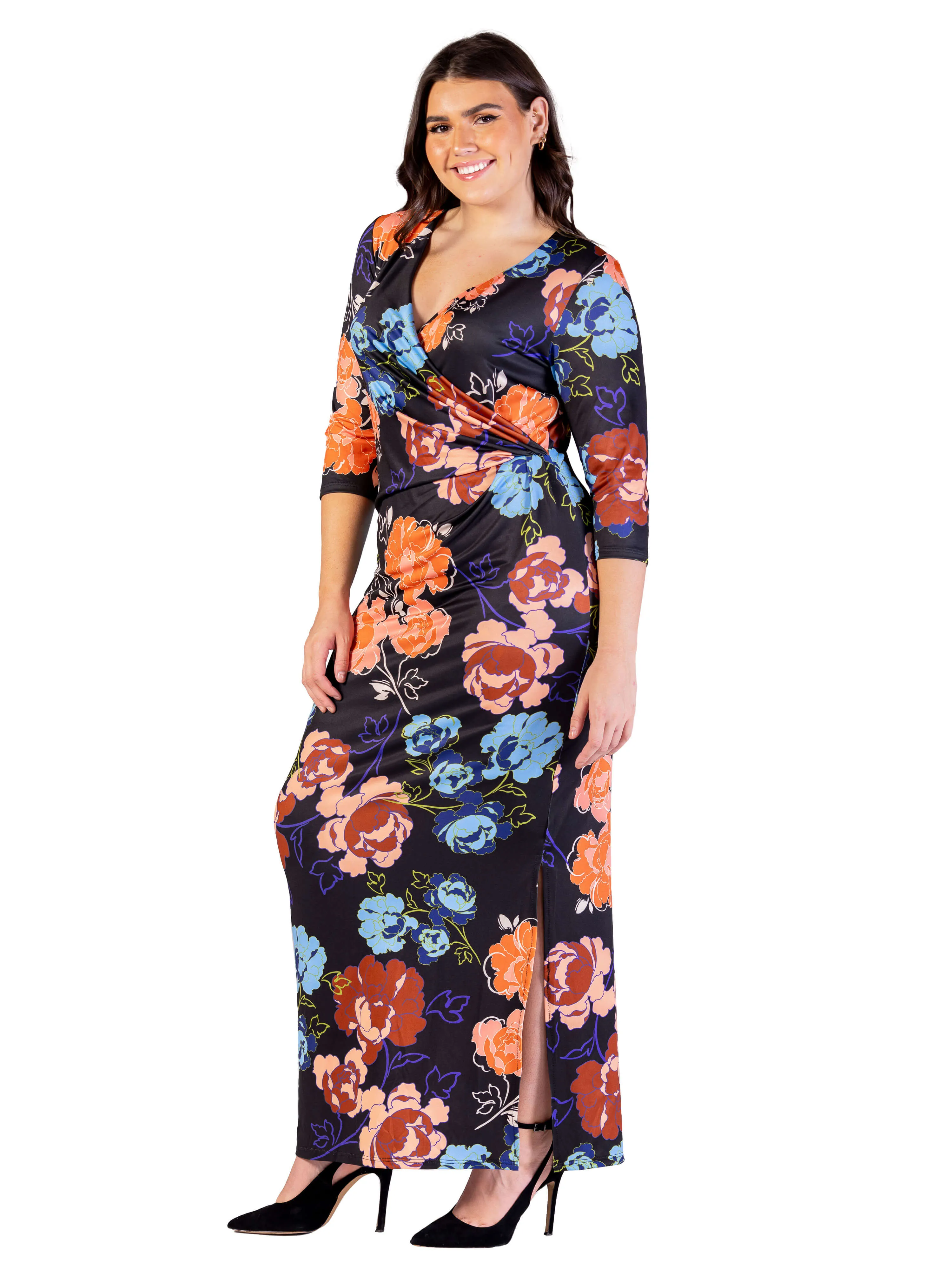 Plus Size Black Floral Three Quarter Sleeve Side Slit Maxi Dress