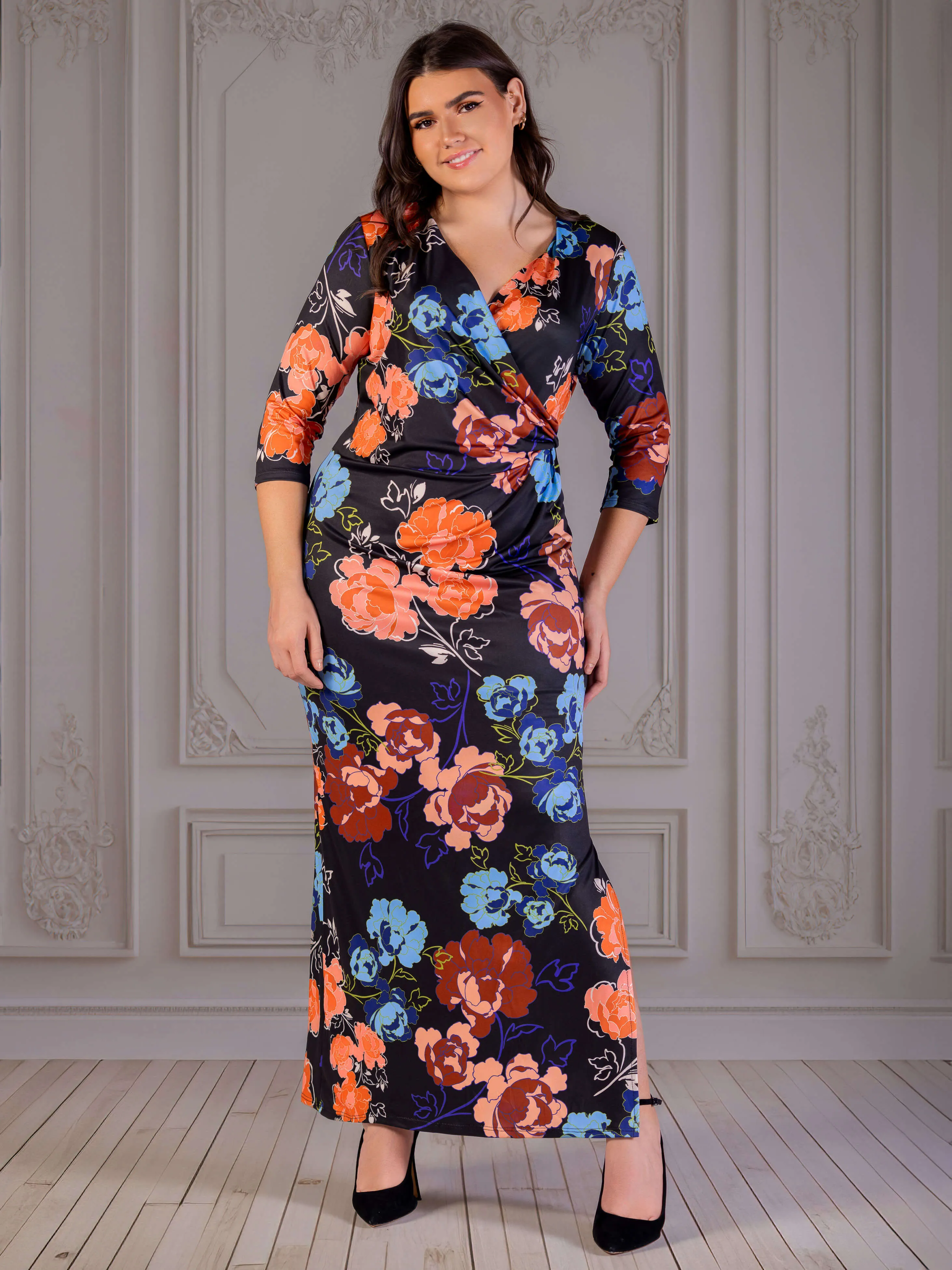 Plus Size Black Floral Three Quarter Sleeve Side Slit Maxi Dress