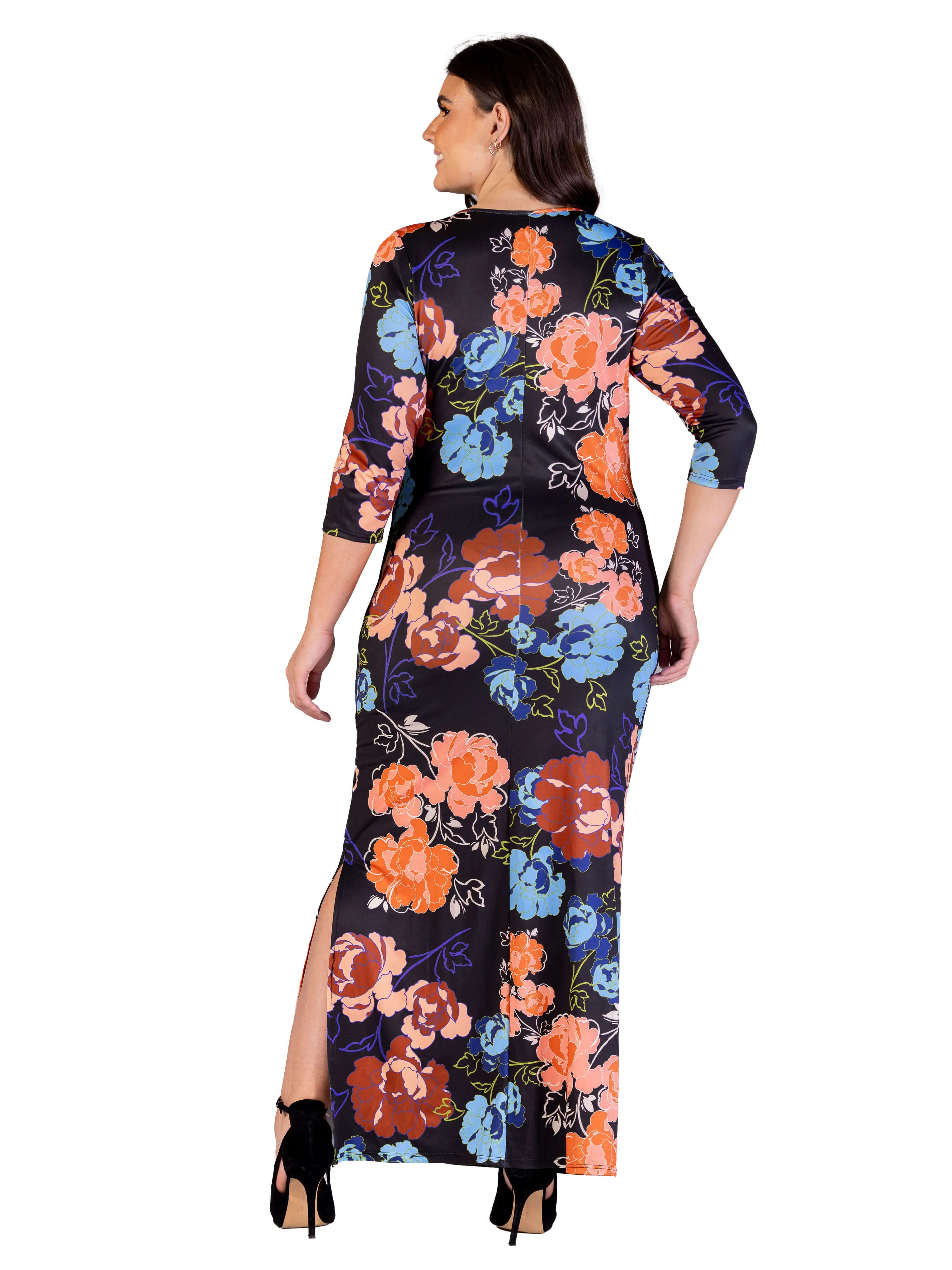 Plus Size Black Floral Three Quarter Sleeve Side Slit Maxi Dress