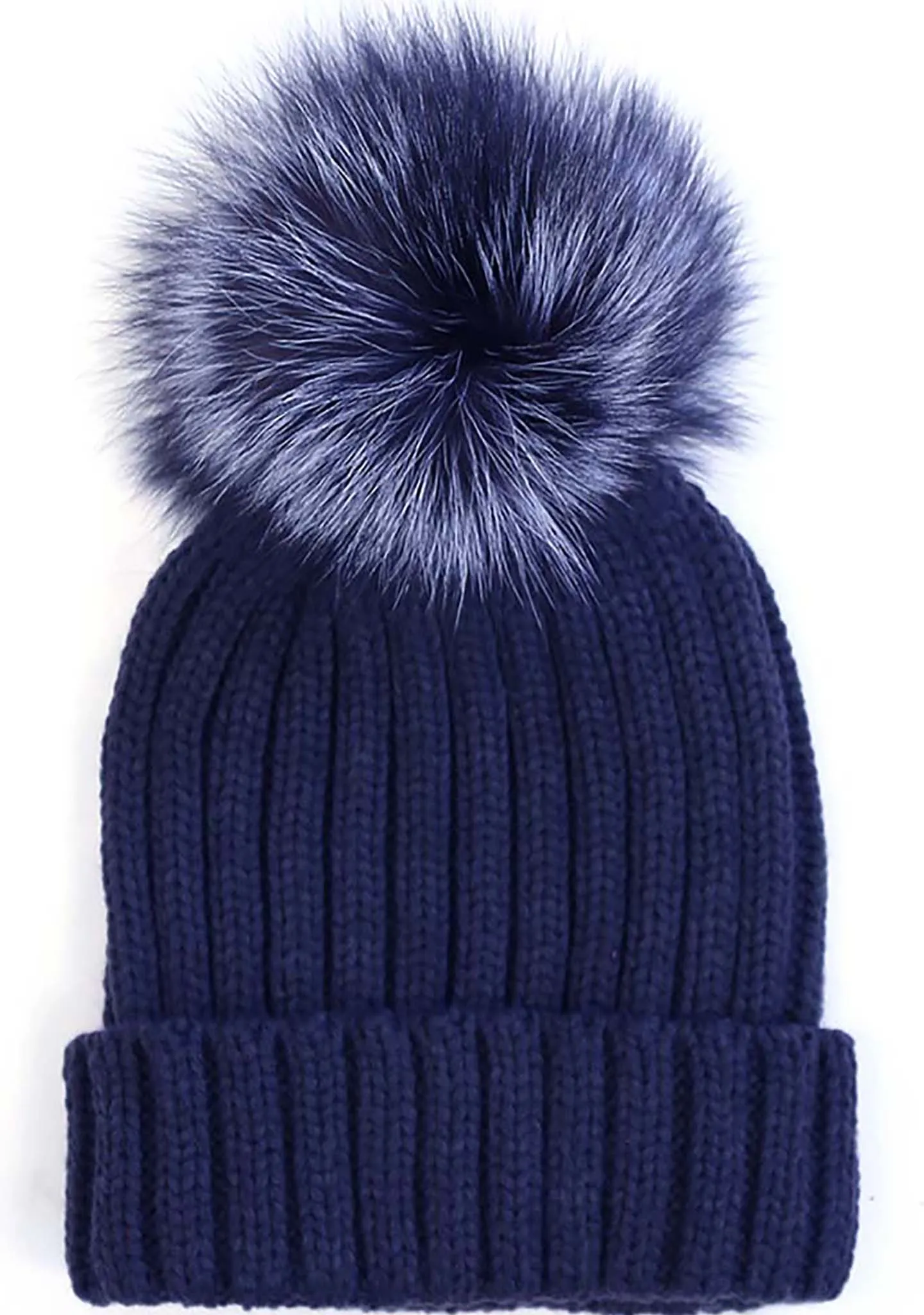 Pom Knit Beanie in Navy