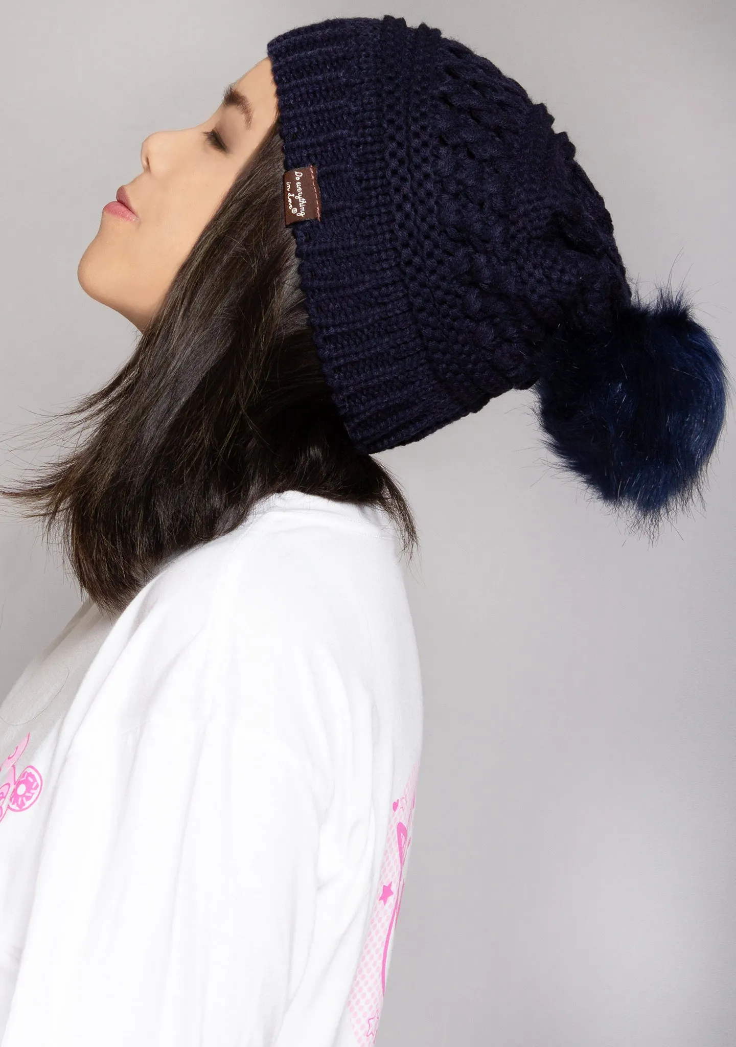 Pom Knit Beanie in Navy