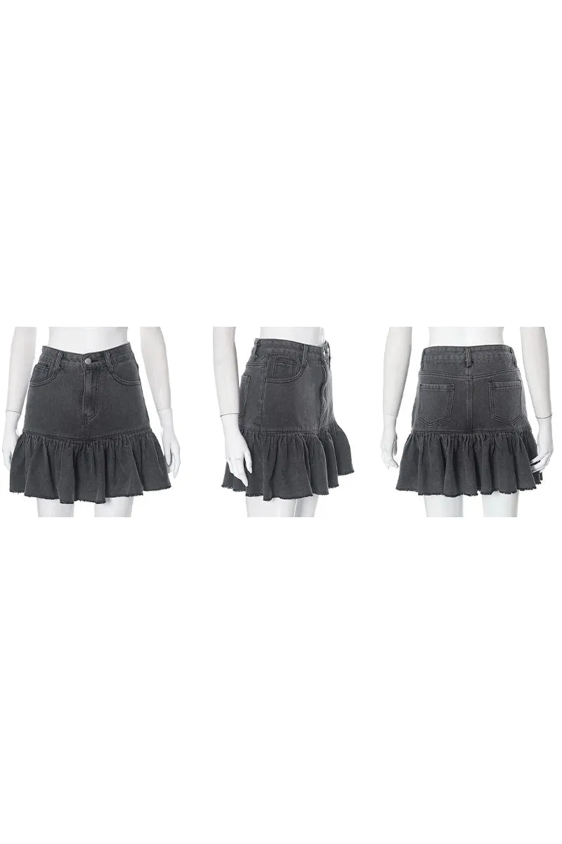 QF823 Denim Ruffled Mini Skirt