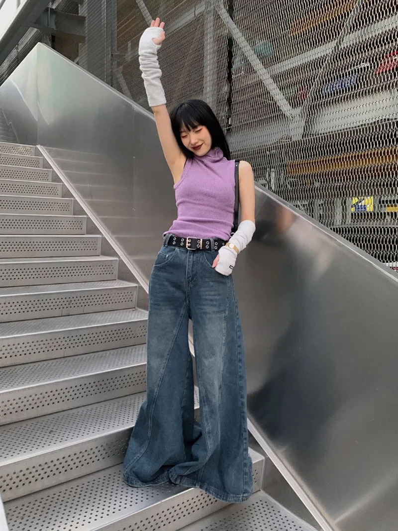 REDDACHiC Vintage Blue Flared Women Jeans Extra-Loose Baggy High Waist Plain Casual Pants Elephant Bell Bottoms Ladies Trousers