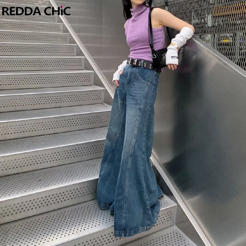 REDDACHiC Vintage Blue Flared Women Jeans Extra-Loose Baggy High Waist Plain Casual Pants Elephant Bell Bottoms Ladies Trousers