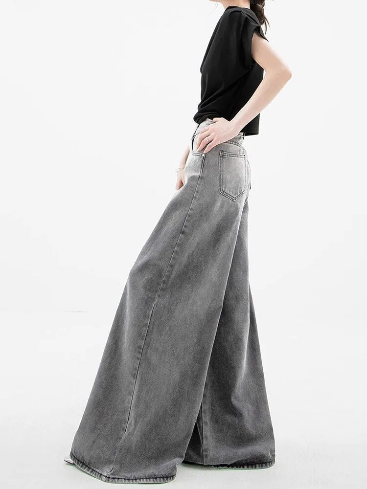 REDDACHiC Vintage Women Baggy Jeans Retro Gray 90s Skater Oversize Pants Casual Plain Wide Leg High Waist Trousers Acubi Fashion