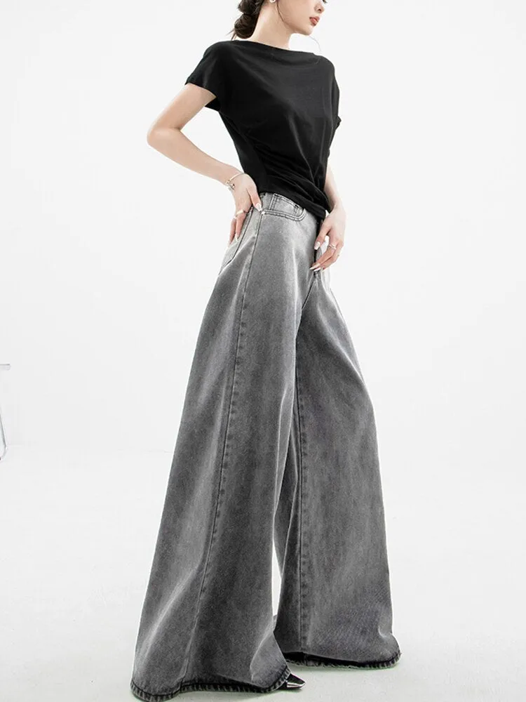 REDDACHiC Vintage Women Baggy Jeans Retro Gray 90s Skater Oversize Pants Casual Plain Wide Leg High Waist Trousers Acubi Fashion