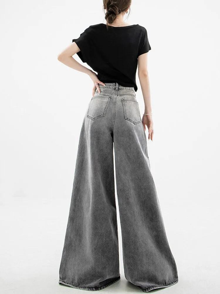 REDDACHiC Vintage Women Baggy Jeans Retro Gray 90s Skater Oversize Pants Casual Plain Wide Leg High Waist Trousers Acubi Fashion