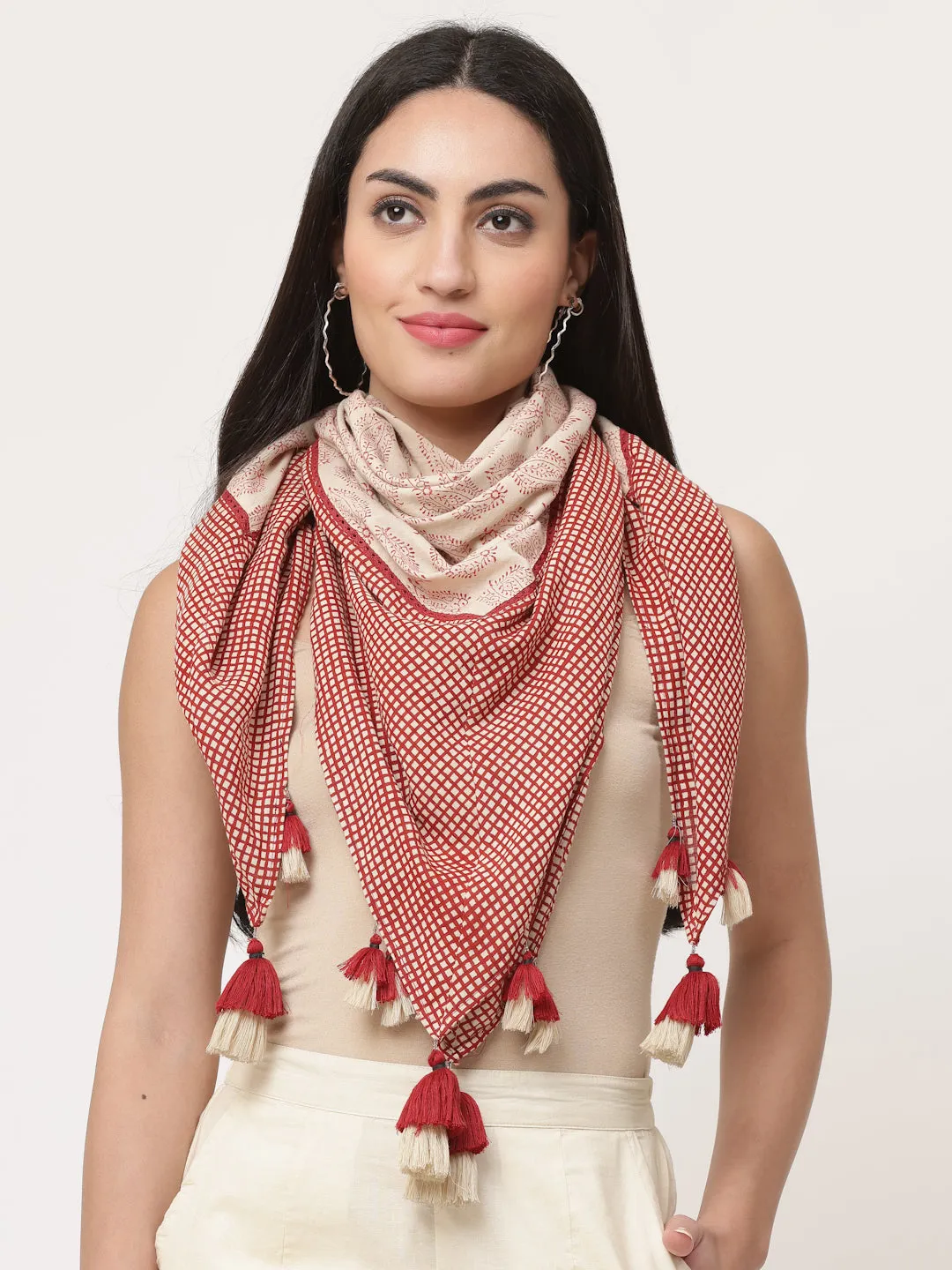 Rust Cotton Printed Detailed Scarf