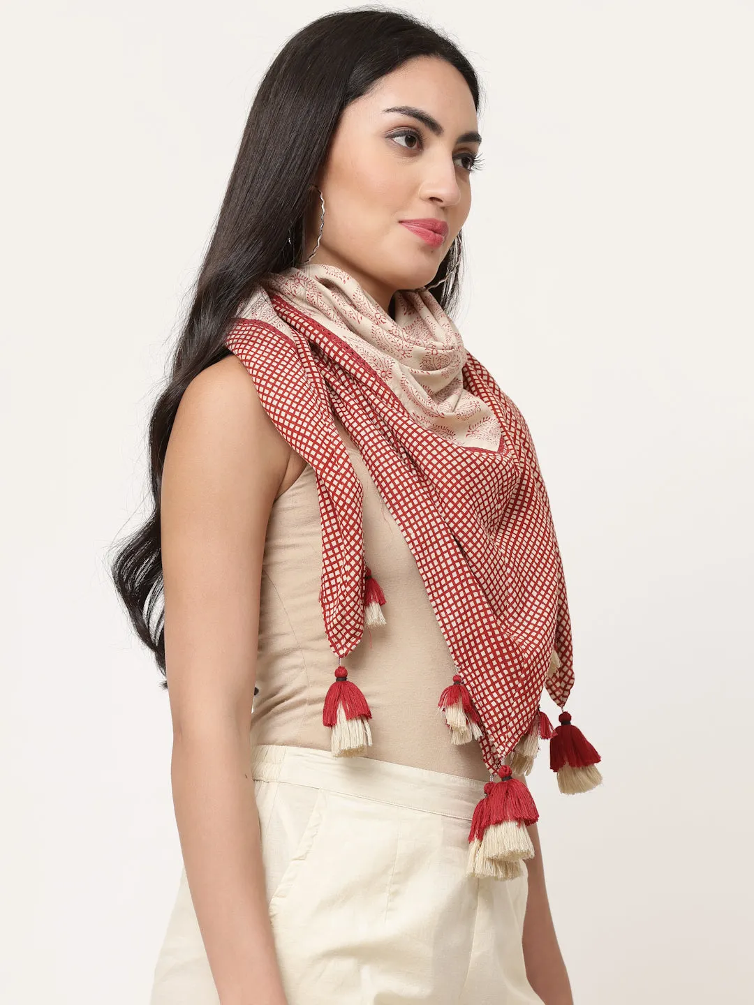 Rust Cotton Printed Detailed Scarf