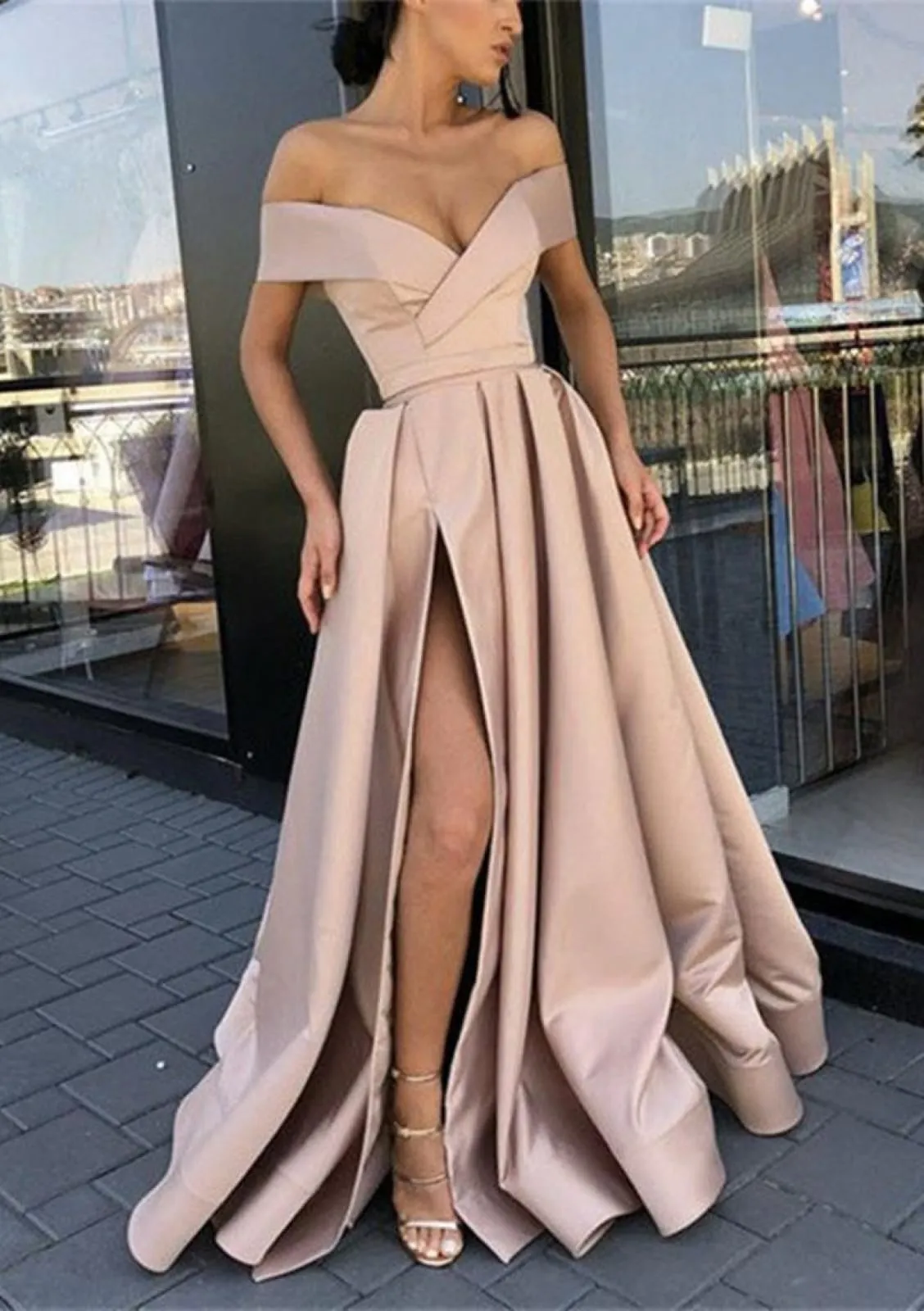 Sexy A-line Off Shoulder Strapless Sweep Train Satin Long Prom Gown, Pleated Split