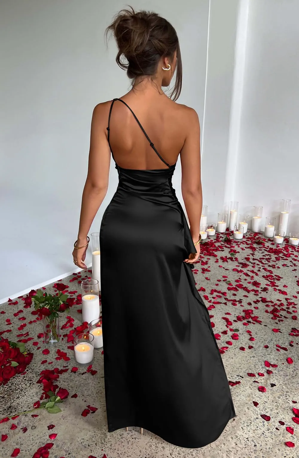 Sexy One Shoulder Satin High Split Cocktail Evening Party Maxi Dress Black