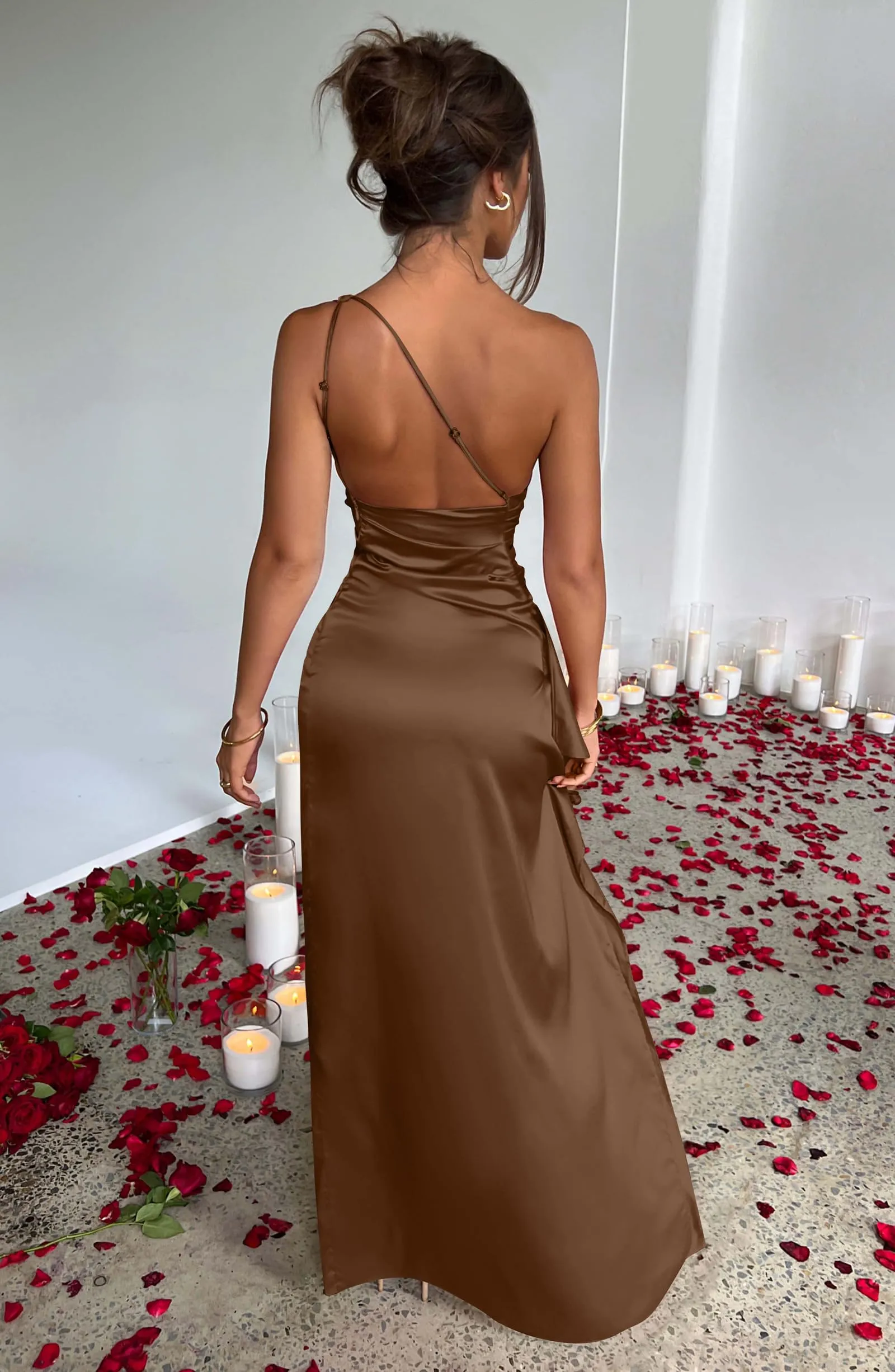 Sexy One Shoulder Satin High Split Cocktail Evening Party Maxi Dress Black