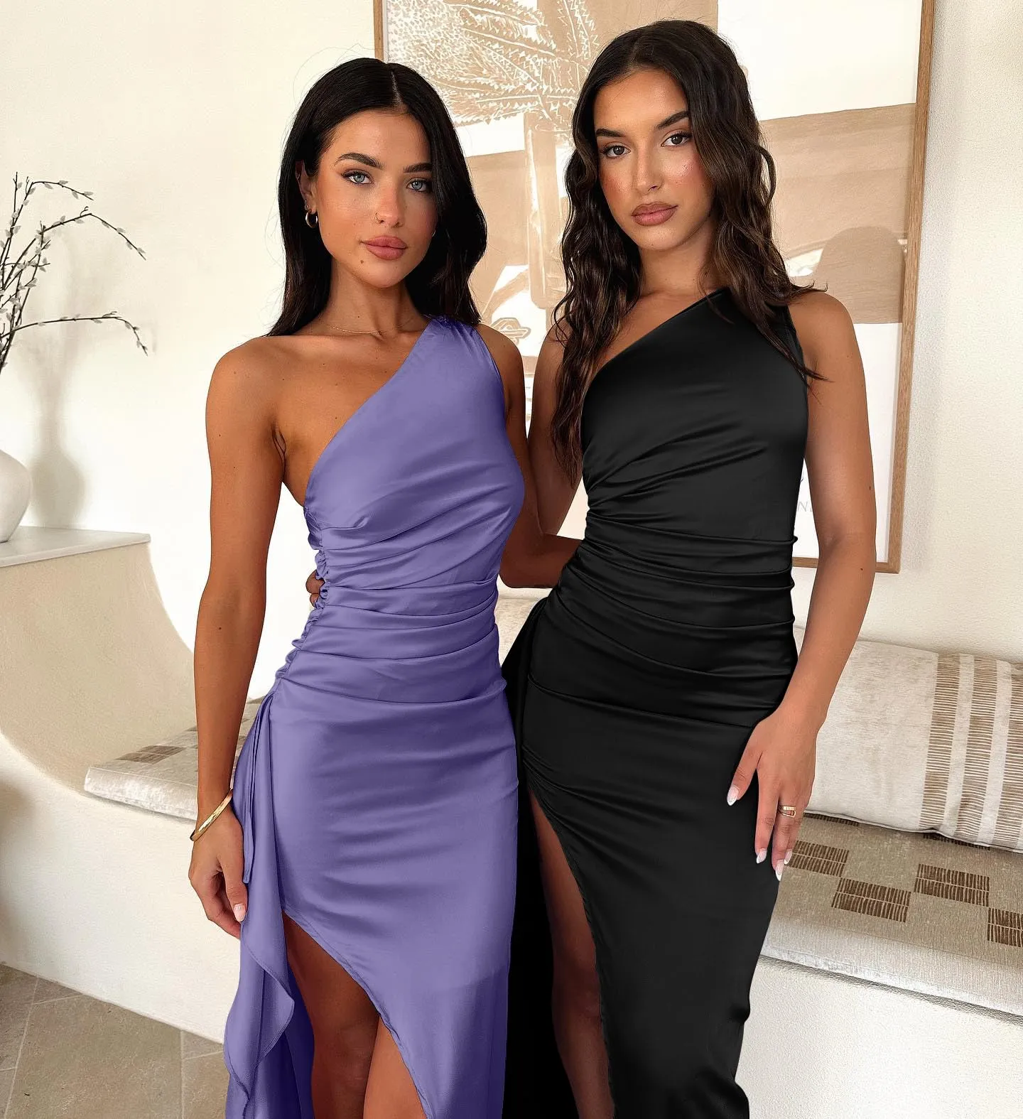 Sexy One Shoulder Satin High Split Cocktail Evening Party Maxi Dress Black