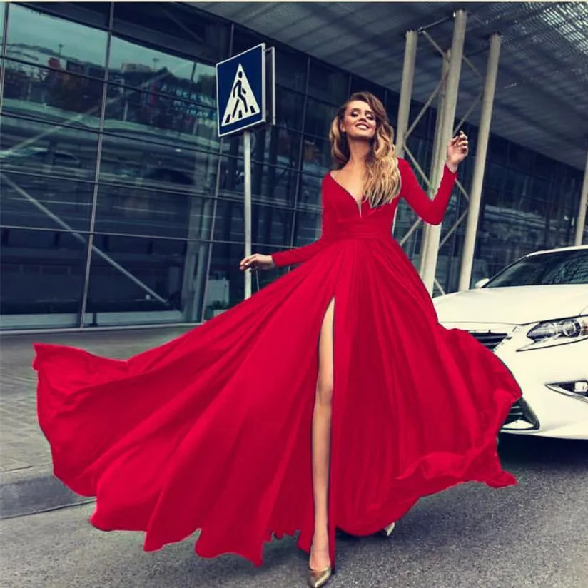 Sexy V-neck Long Sleeves Long Dresses