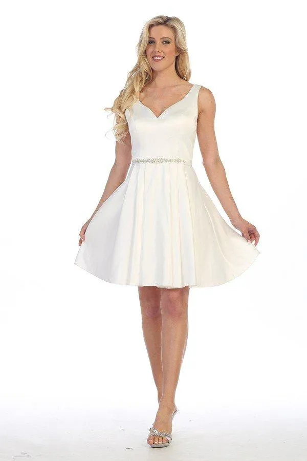 Short V-Neck Dress with Box Pleated Skirt by Celavie 5018