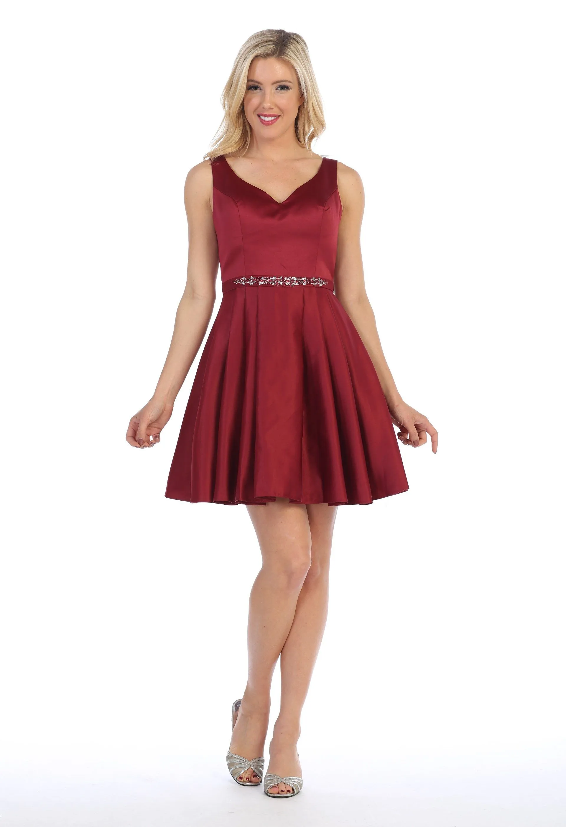 Short V-Neck Dress with Box Pleated Skirt by Celavie 5018