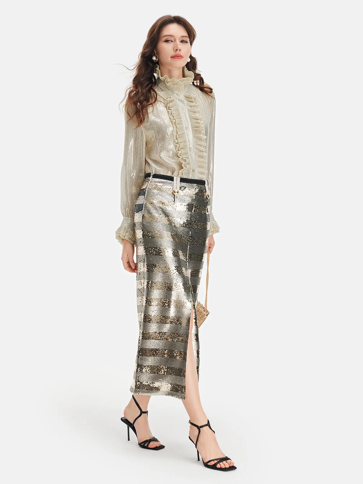 Silk Gold-Foil Pleated Shirt