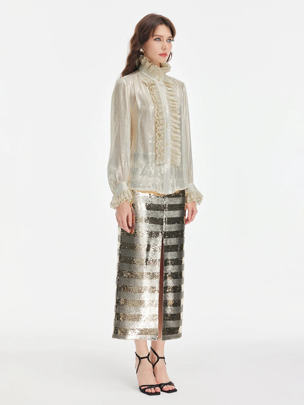 Silk Gold-Foil Pleated Shirt