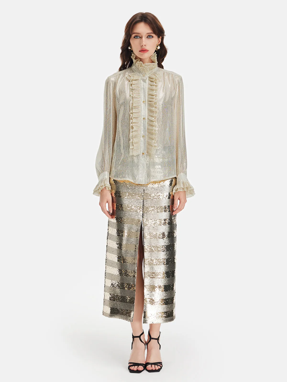 Silk Gold-Foil Pleated Shirt