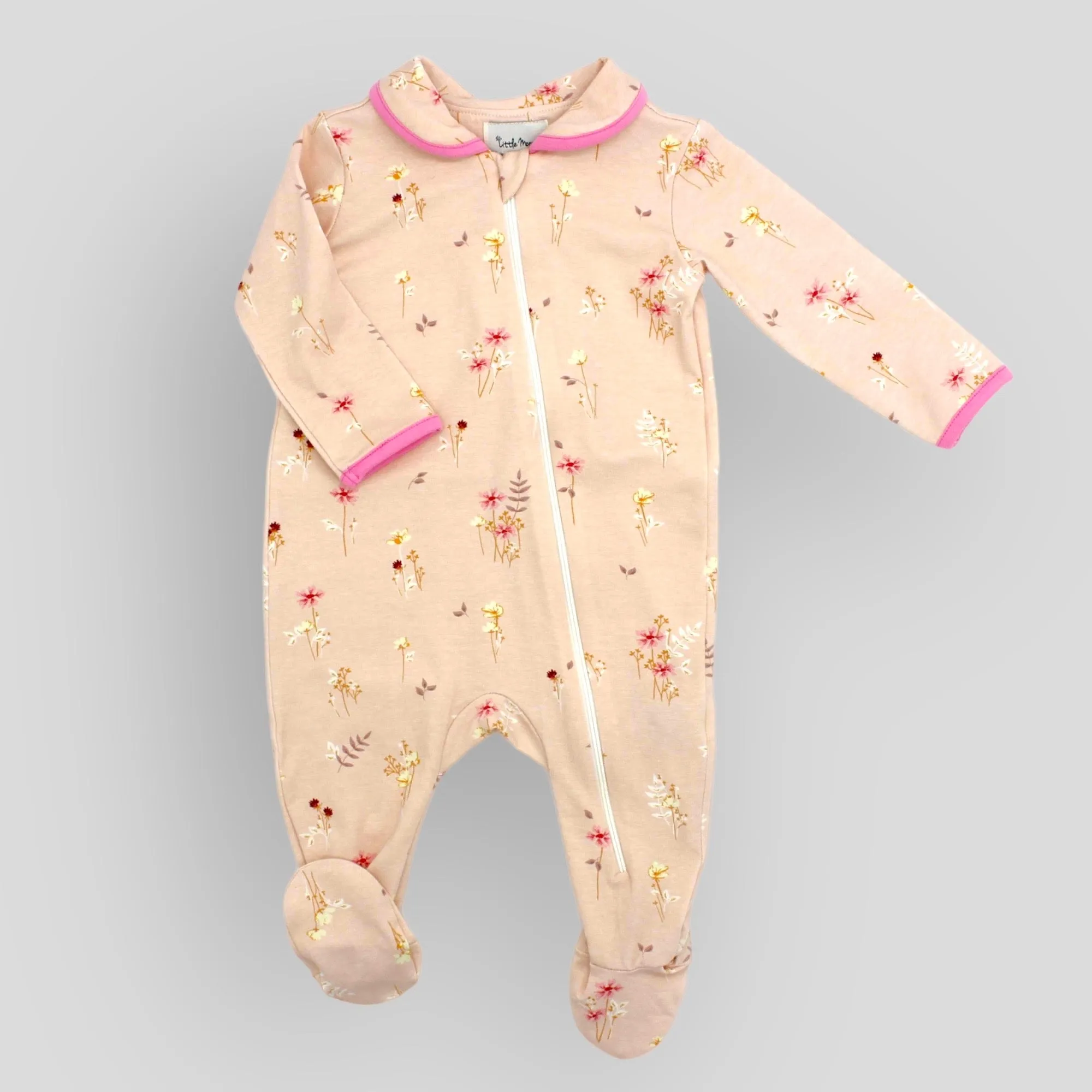 Soft Cotton Knit Baby Pink Garden Floral Layette with Collar and Zipper