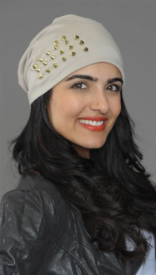 Spike Studded Beanie in Taupe