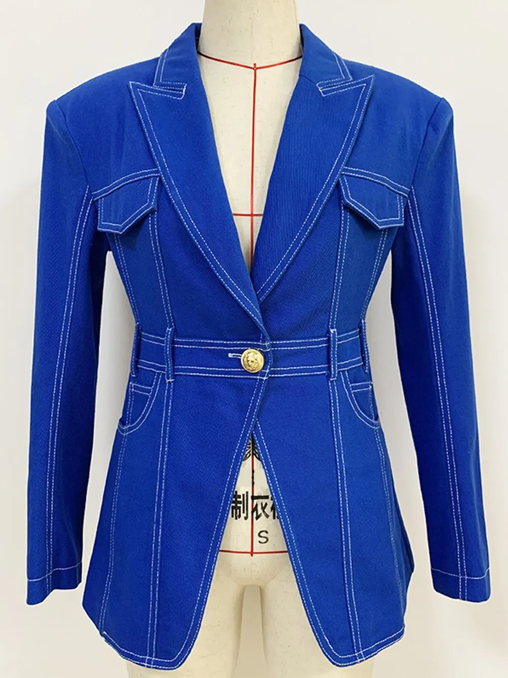 Stitching Contrast Double Breasted Denim Blazer