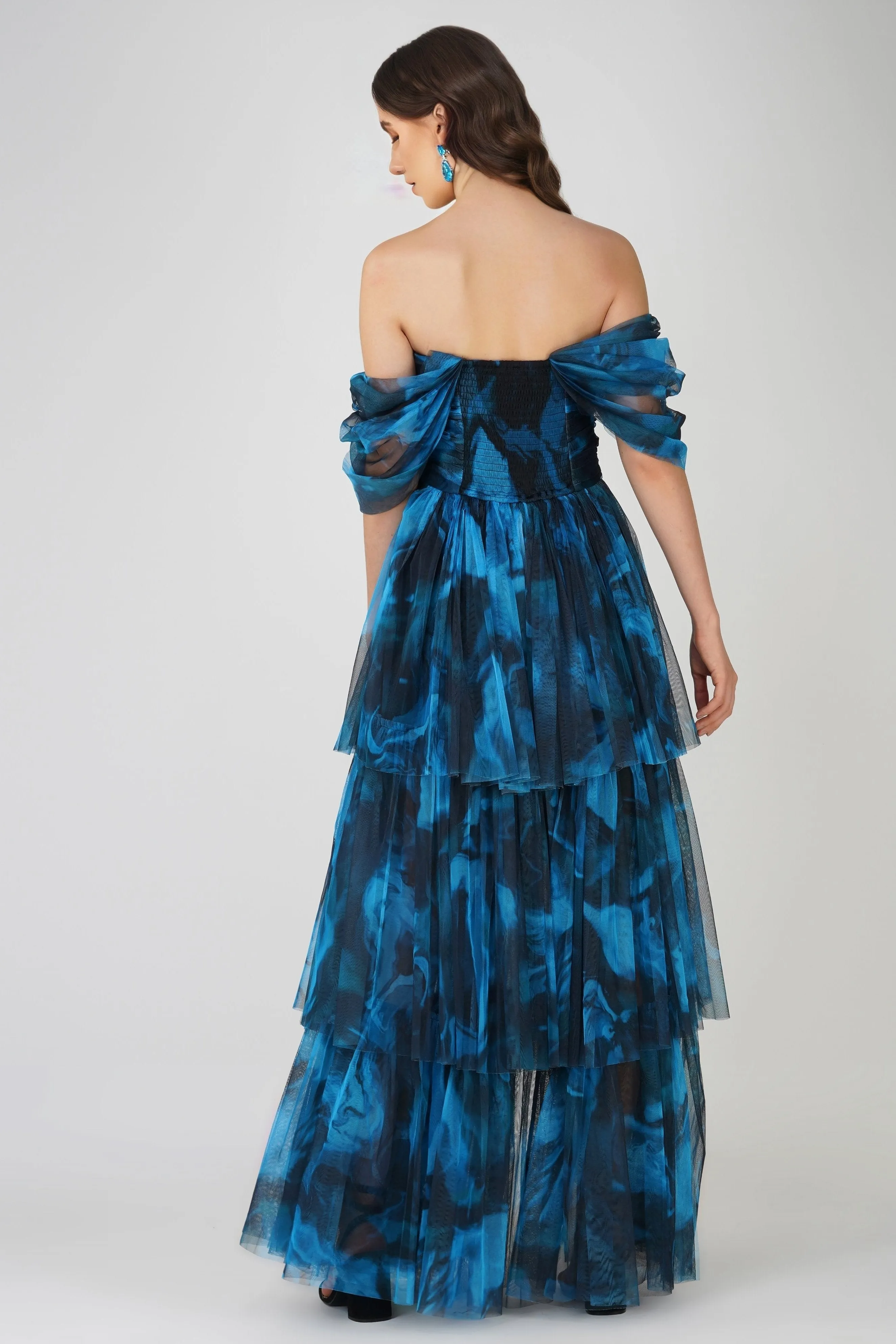 Sydney Tulle Maxi Dress in Blue Watercolour