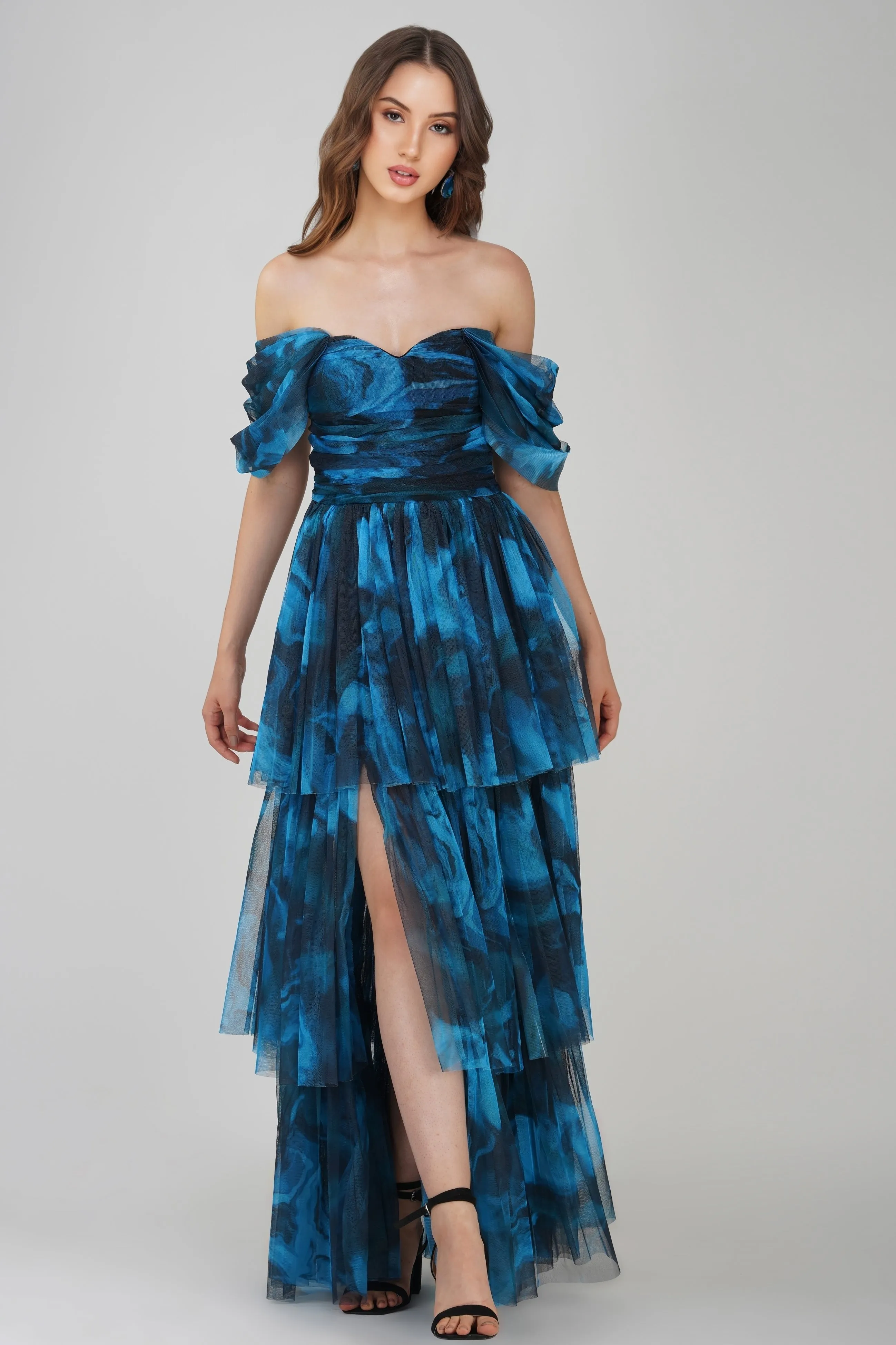 Sydney Tulle Maxi Dress in Blue Watercolour