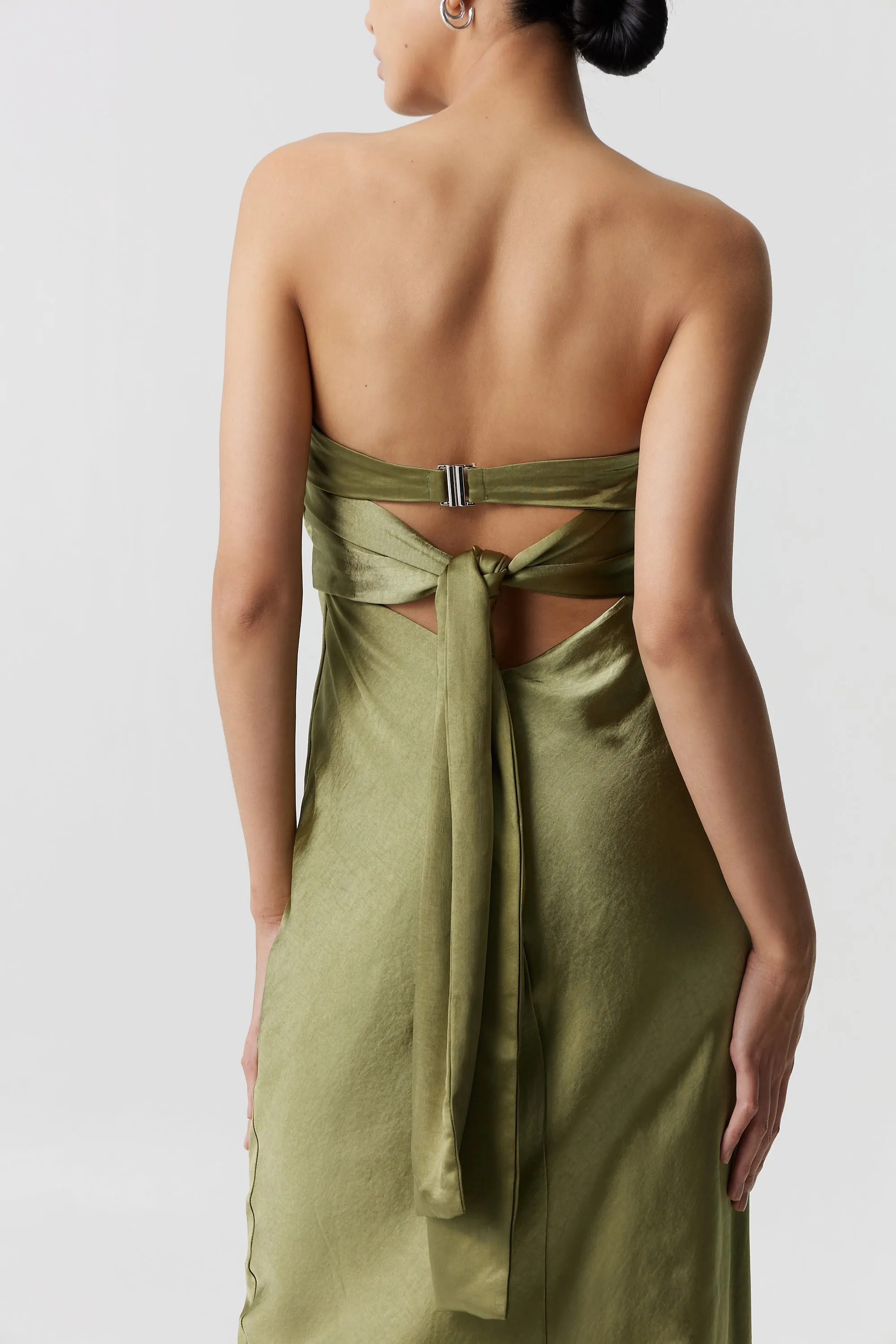 Third Form Satin Tie Back Strapless Maxi Dress - Olive