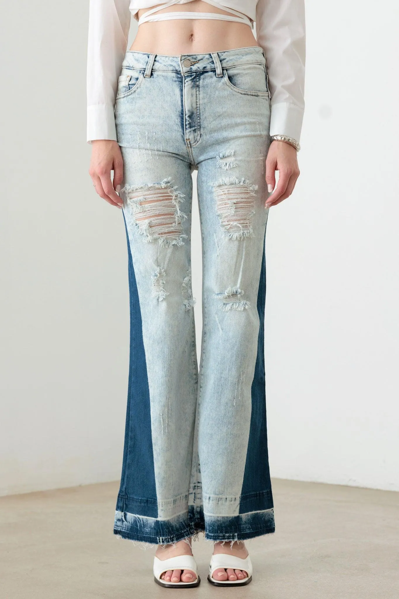 Tow Color Acid Wash Flare Denim Jeans