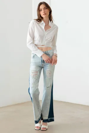 Tow Color Acid Wash Flare Denim Jeans