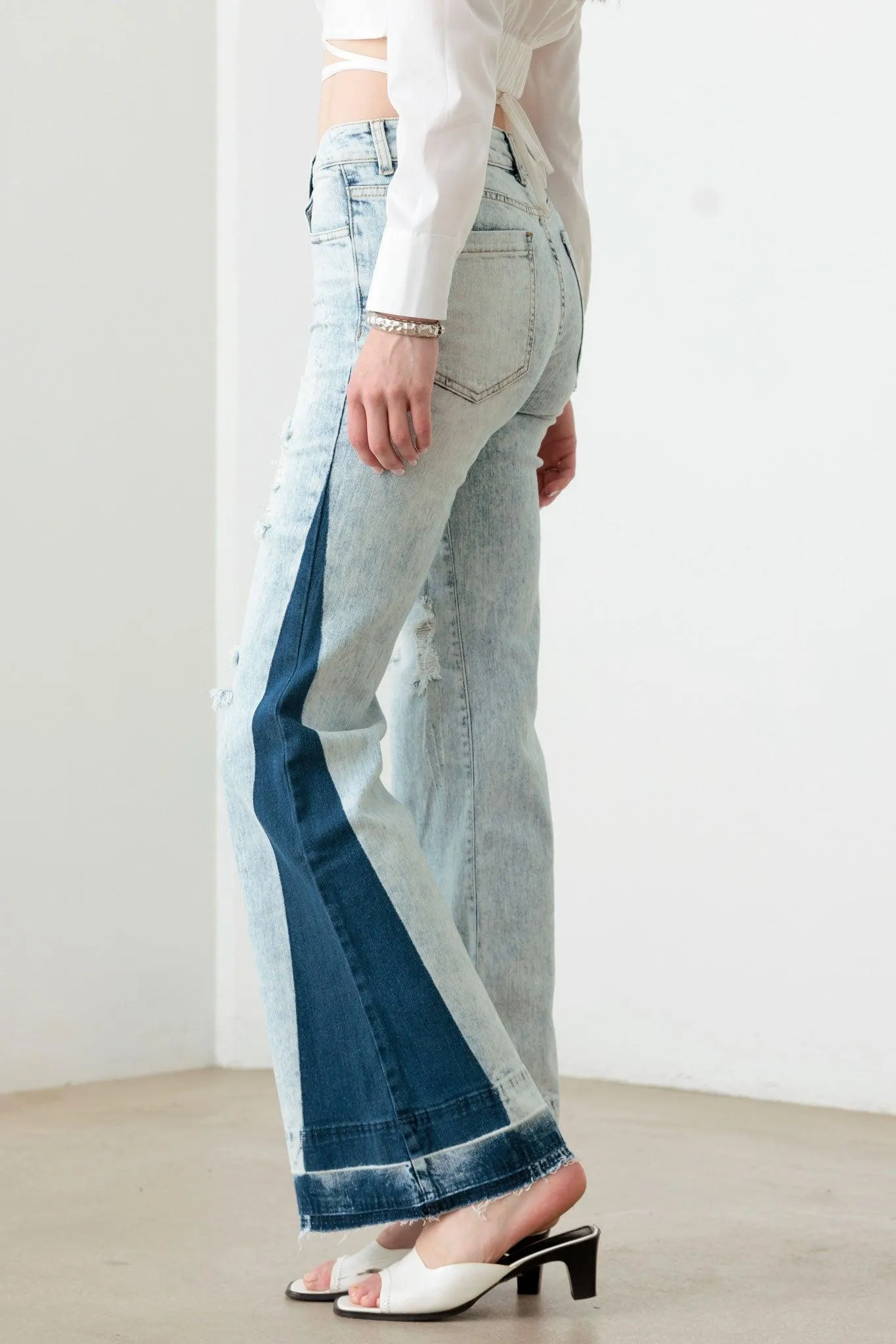 Tow Color Acid Wash Flare Denim Jeans